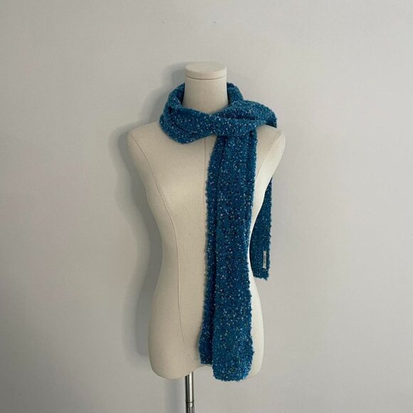 Vintage Handwoven Blue Scarf | Yuki Kreiner Boucle Wool Blend Textured - Picture 1 of 5